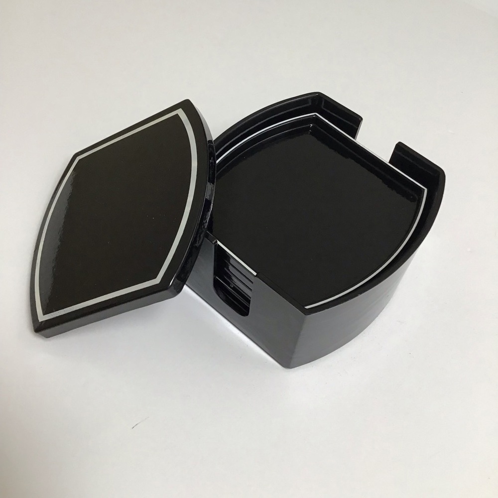 Mid Century Benjamin & Medwin Black Laquerware Coaster SET OF 6 Boxed Bar Japan